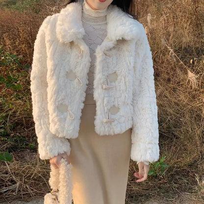Lamb Fur Coat For Women Horn Button One-piece Loose