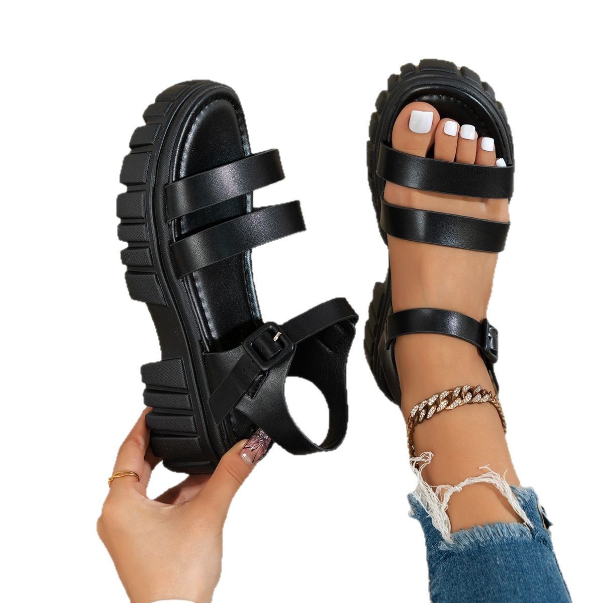 Open Toe Comfortable Muffin Bottom Ankle-strap Buckle Sandals