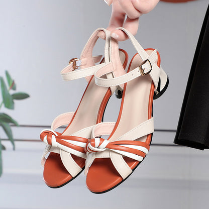 Fashion Top Layer Cowhide Thick Heel Women's Hollow Out Leather Women's Shoes